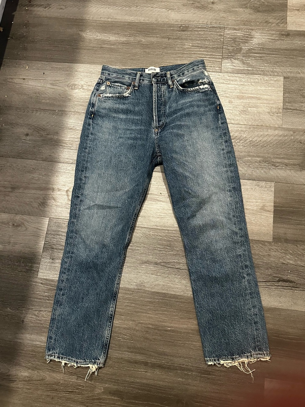 Agolde Riley Blue Straight Leg Jeans with distressed  Hem